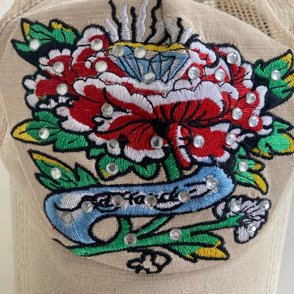 Ed Hardy trucker hat rose flowers diamond rhinestone tan red snap back